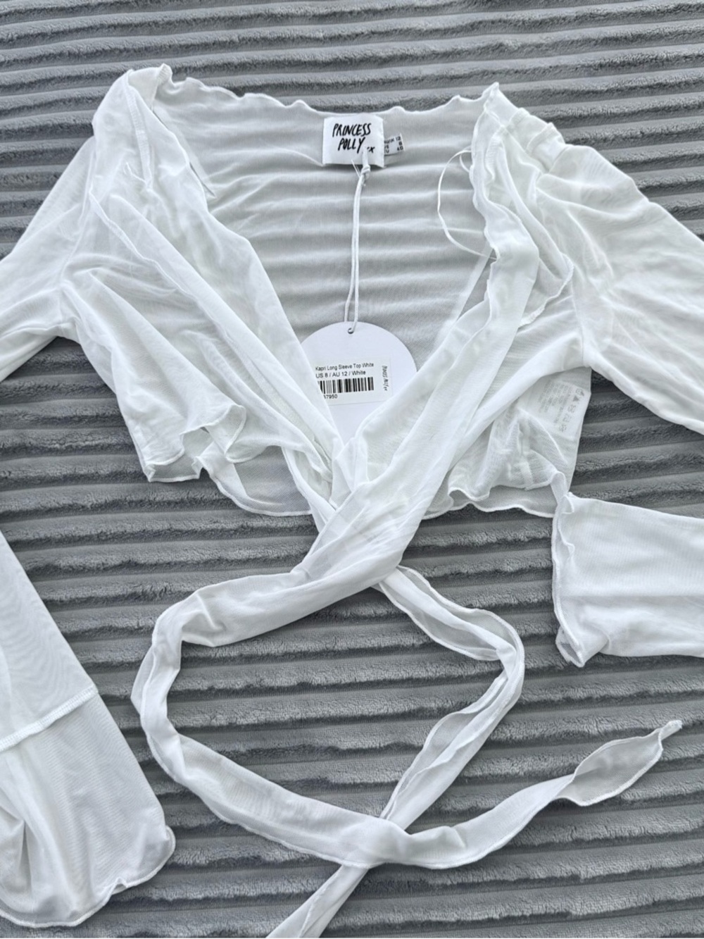 Princess Polly white sheer long sleeve tie top